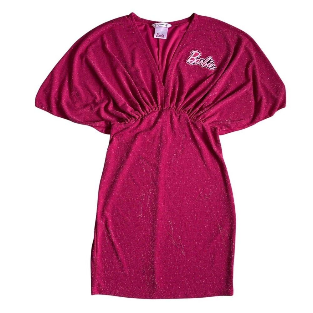 Barbie Pink Glitter Dolman Sleeve Cinched Waist Mini Dress Womens Medium